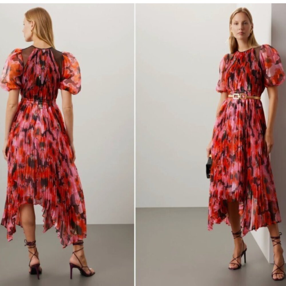 Bibhu Mohapatra Collective Dress Gown Pleated Floral Midi Pink Size 6 *READ FLAW
